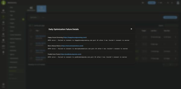 Maintenance failure details for a scheduled run, listing each site that failed with its error message