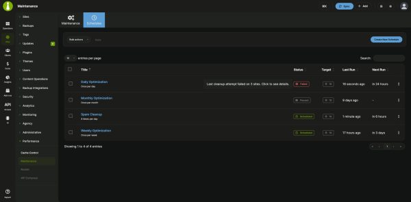 Maintenance schedules list with status, target sites, last run and next run, and a failed schedule's tooltip
