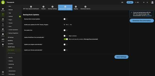 WP Time Capsule Backup/Auto Updates settings in the MainWP Dashboard with backup before updates and automatic core, plugin and theme update options
