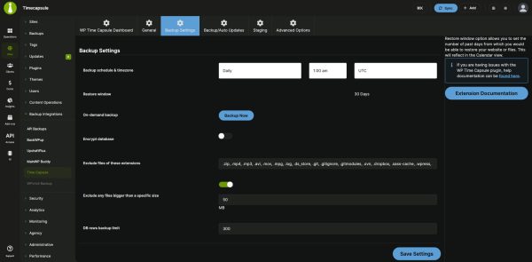 WP Time Capsule backup settings in the MainWP Dashboard: daily schedule, time and timezone, restore window, on-demand backup, database encryption and file exclusions