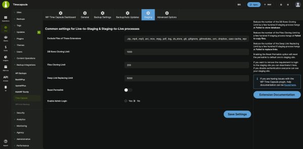 WP Time Capsule staging settings in the MainWP Dashboard: excluded file types, cloning limits, deep link replacing limit, reset permalink and admin login