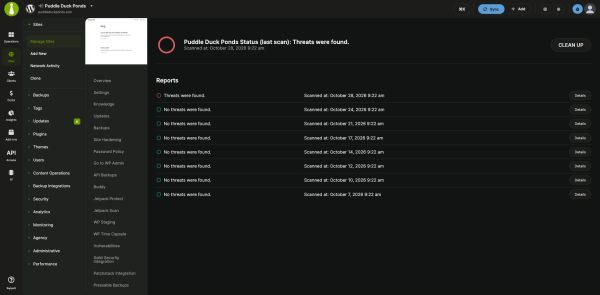 Virusdie site reports in the MainWP Dashboard: the last scan status with a Clean Up button, and a list of past scans with their results