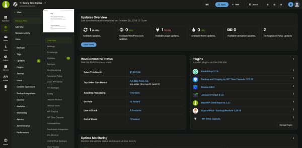 WooCommerce Status widget on a store's Overview page in the MainWP Dashboard, with sales this month, the top seller, order counts and stock alerts