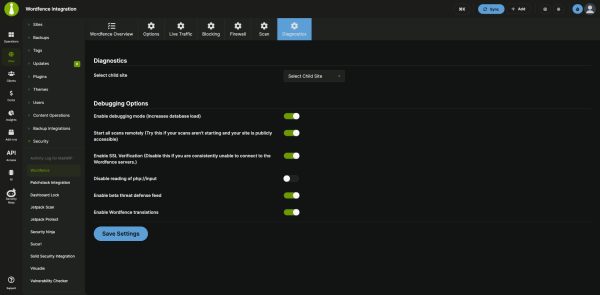 Wordfence diagnostics and debugging options in the MainWP Dashboard