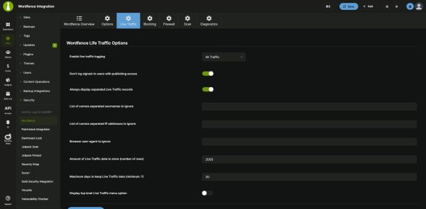 Wordfence Live Traffic options in the MainWP Dashboard, set for all child sites