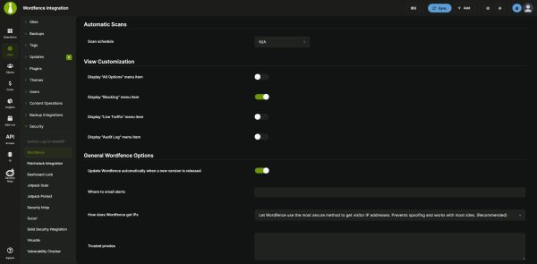 Wordfence network options in the MainWP Dashboard: scan schedule, view customization and general Wordfence options