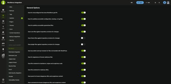 Wordfence scan options in the MainWP Dashboard, with toggles for each scan check