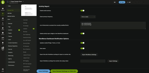 Wordfence activity report, dashboard notification and import/export settings for one child site in the MainWP Dashboard