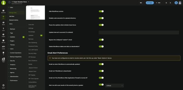 Wordfence general options and email alert preferences for one child site in the MainWP Dashboard