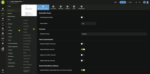 Wordfence options for one child site in the MainWP Dashboard: automatic scans, license key and view customization